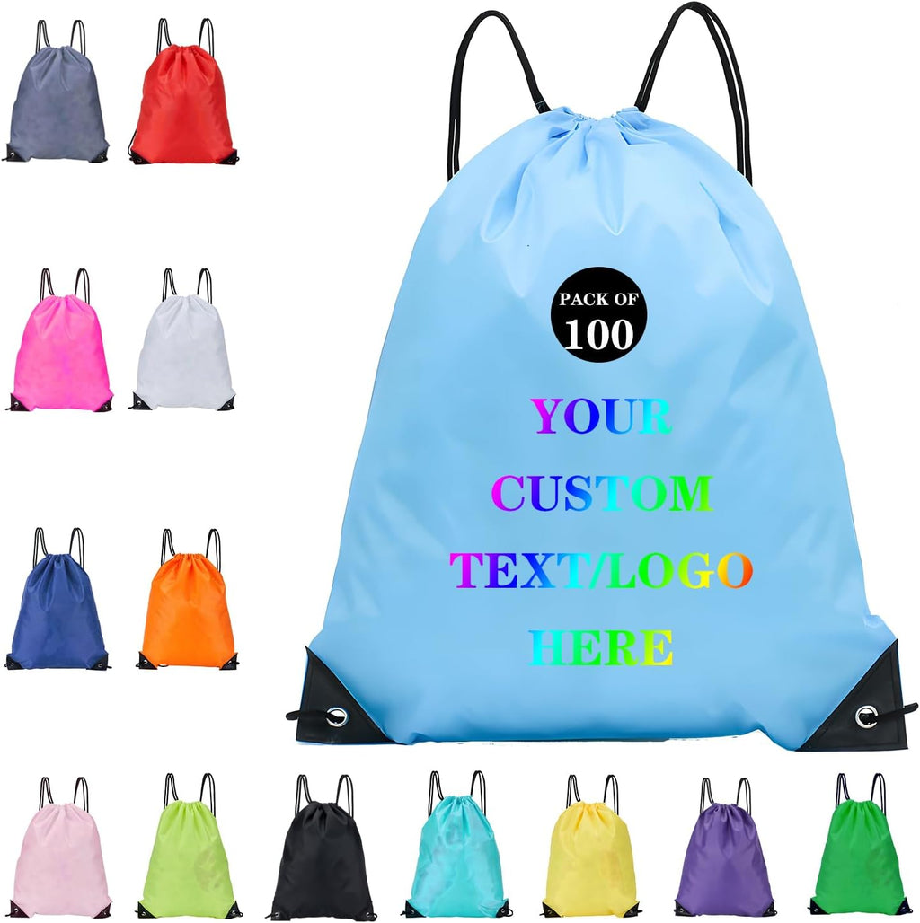 Custom Bags With Your Logo Set of 100 Custom Backpack Draw String Bags Pack Bulk for Travelling Swimming Gym Everyday Use (Blue 1)