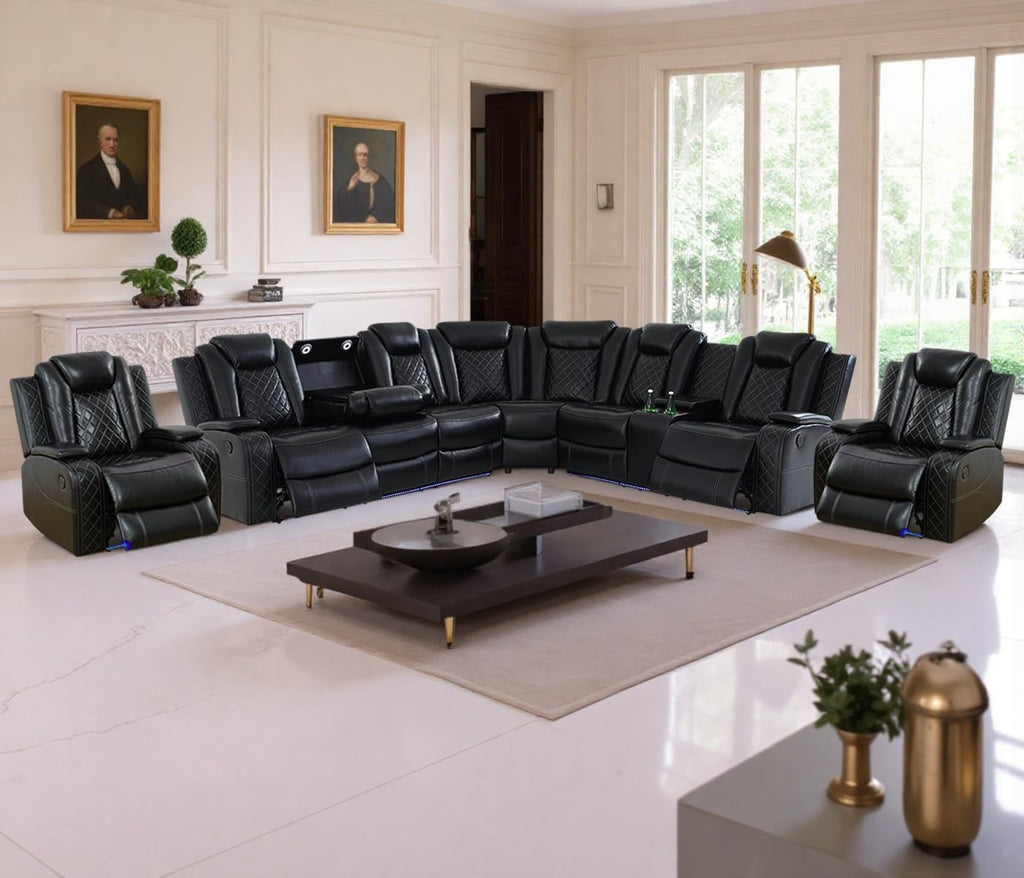 L Shaped Reclining Sectional Couch and 2 Chairs, Power Leather Recliner Sectional Sofa Set with LED Lights, Breathing Leather Couch Sofa Set with 8-Seater/USB Port/Storage for Living Room