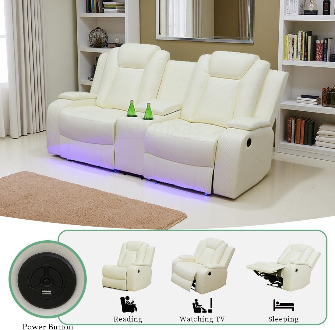 Living Room Sofa Sets, Breathing Leather Power Recliner Sofa with LED Light, Power Reclining Loveseat with 2 Recliner Seats/Cup Holders/Storage Console for Living Room(Vanilla White)