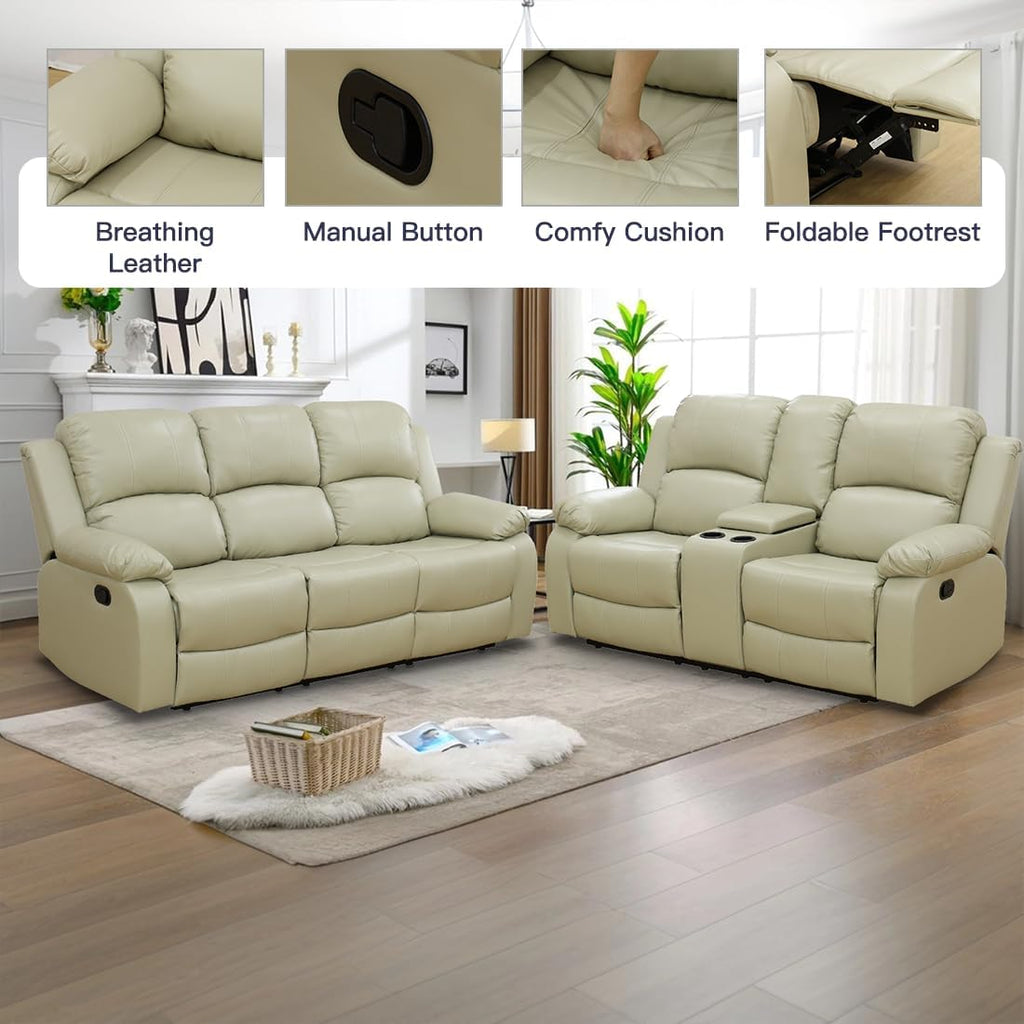 Living Room Furniture Sets, Manual Reclining Sofa and Lovseat Set with Drop-Down Table, Leather Recliner Couch Sets, Recliner Sofa with Storage Console/Cup Holder for Home/Apartment(Beige)