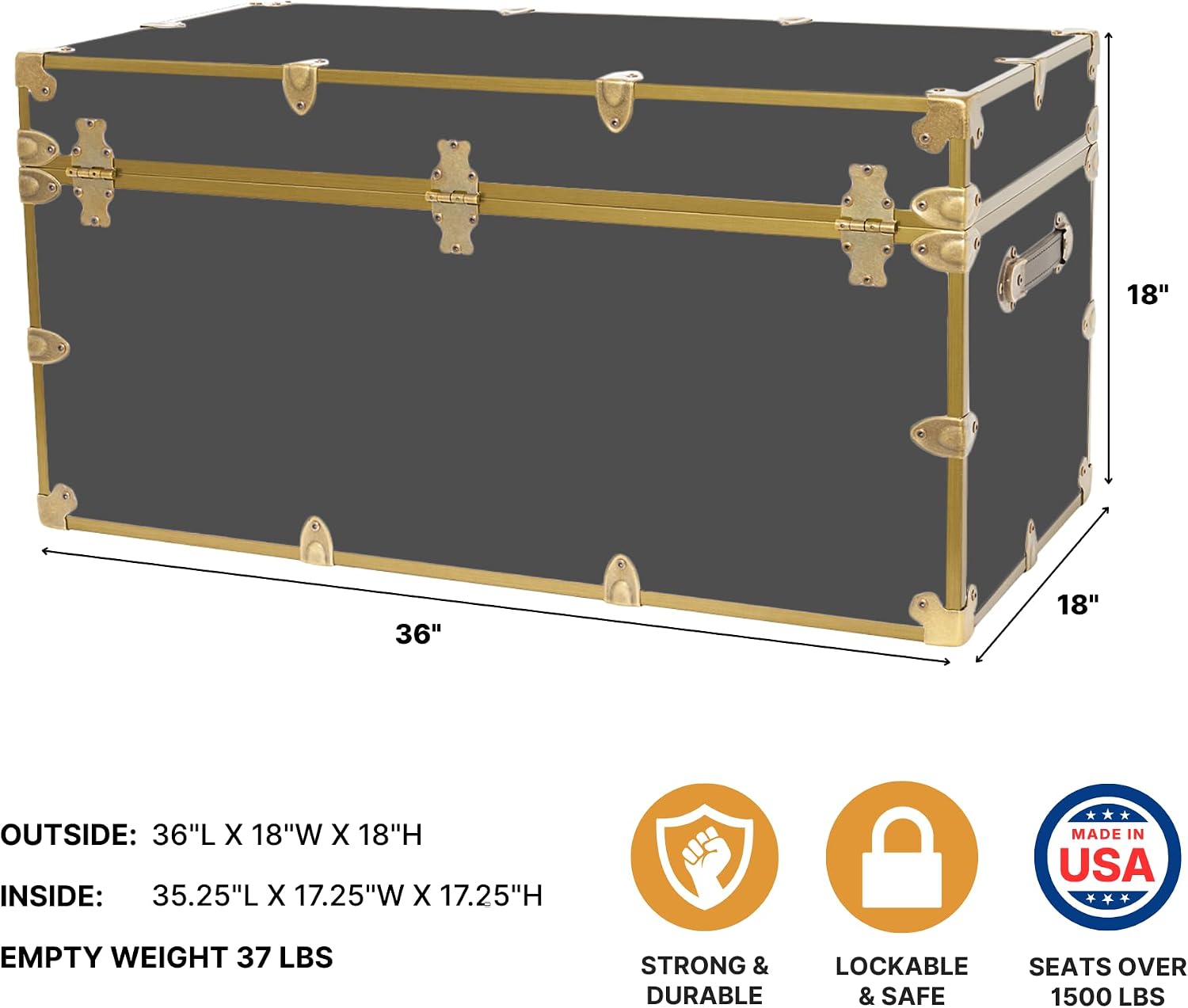 Rhino Trunk & Case Classic XXL College Trunk with Antique Brass Hardware, Soft Close - 36'x18'x18', Seats 1500+ lbs, USA Made Secure Dorm Footlocker, Home Storage, Steamer Style Blanket Chest