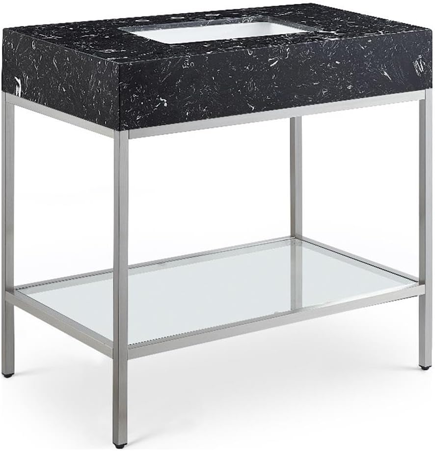 Meridian Furniture 408Black-36 Marmo Collection Modern | Contemporary Bathroom Vanity with Black Engineered Stone with White Veining, Brushed Chrome Stailness Steel Base, 36' W x 23' D x 34' H, Black