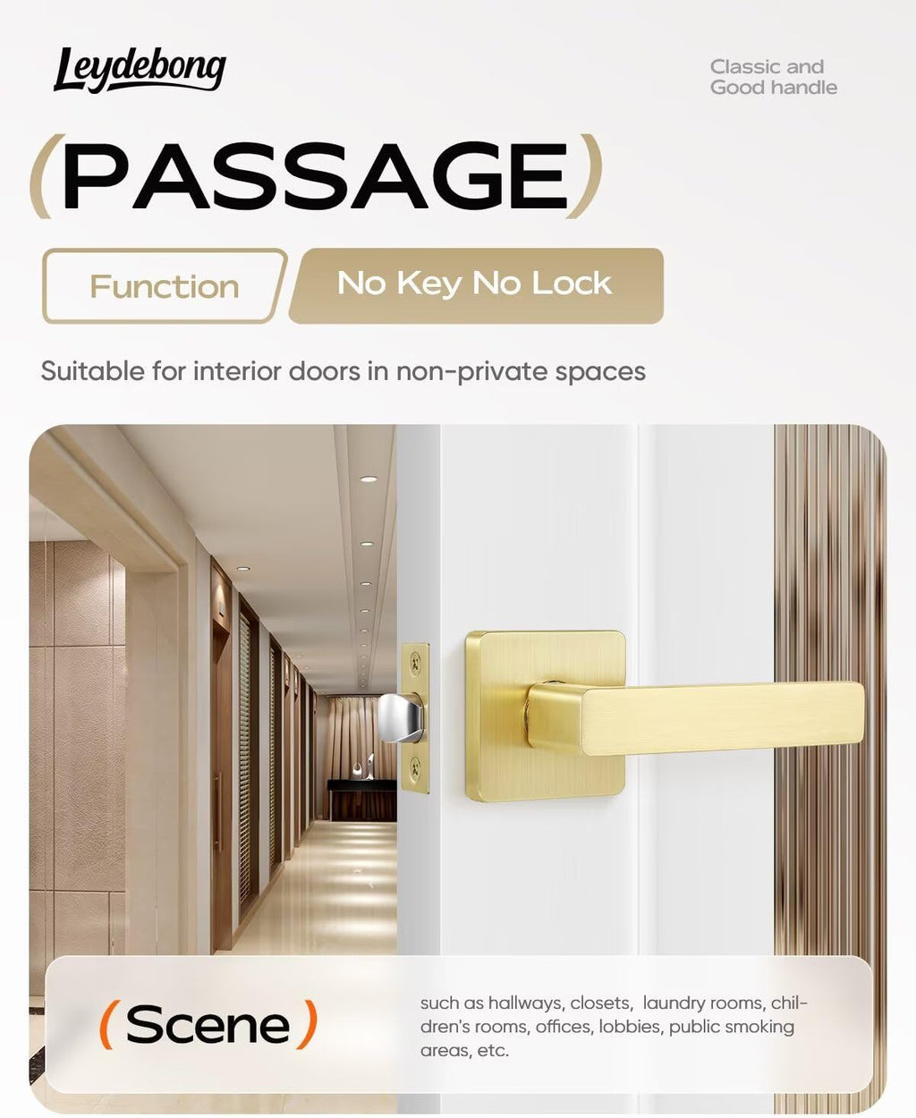 Leydebong 5 Pack Passage Door Handles, Satin Brass Door Knobs Interior, Hallway Closet Door Levers, Heavy Duty Square Door Handle, Reversible for Left or Right Handles