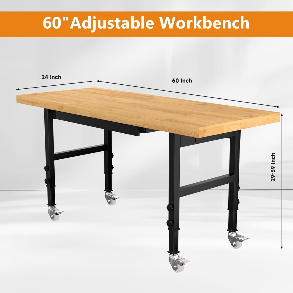 60' Heavy-Duty Solid Wood Work Bench with Drawers, Adjustable Height Workbench with Wheels, 2000 LBS Capacity Work Table with Power Outlets for Garage, Workshop(60' X 24')