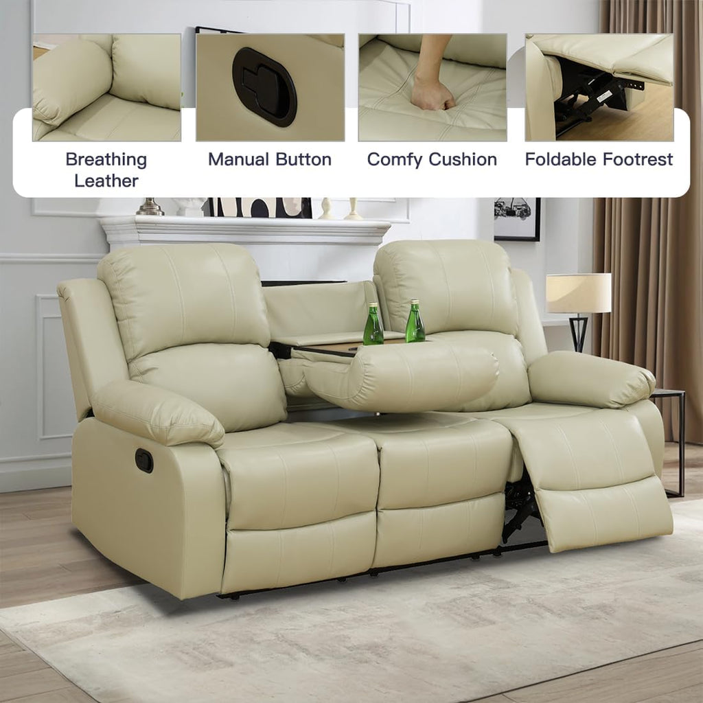 Living Room Furniture Set, Manual Reclining Sofa Set, Beige Leather Recliner Couch Sets with Drop-Down Table, Recliner Sofa with Storage Console/Cup Holder for Living Room/Apartment