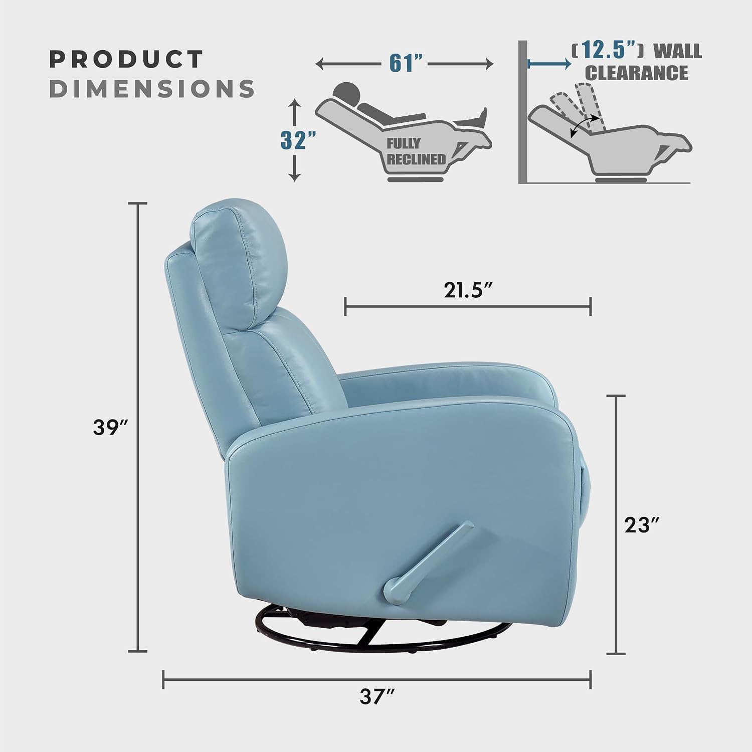 Lexicon Swivel Glider Reclining Chair, Top Grain Leather Match Manual Pull Handle Recliner, Comfy Nursery Glider Recliner, Swivel Reclining Chair for Living Room/Office/Bedroom/Apartment, Blue