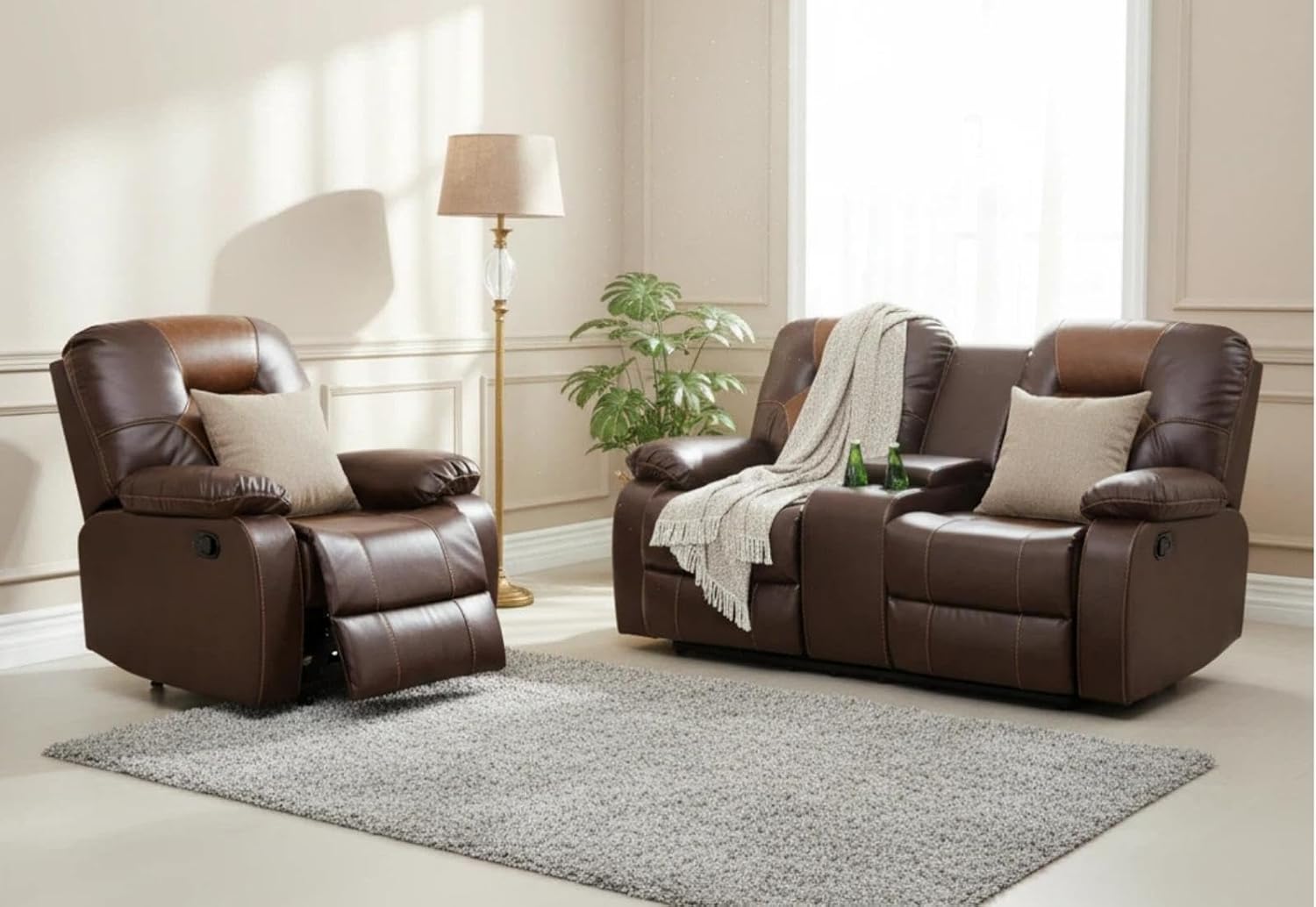 Leather Recliner Sofa Set, Living Room Furniture Set, Adjustable Backrest Reclining Loveseat Sofa with Storage Console & Cup Holders, Manual Recliner Chair for House, Home Theater, Brown