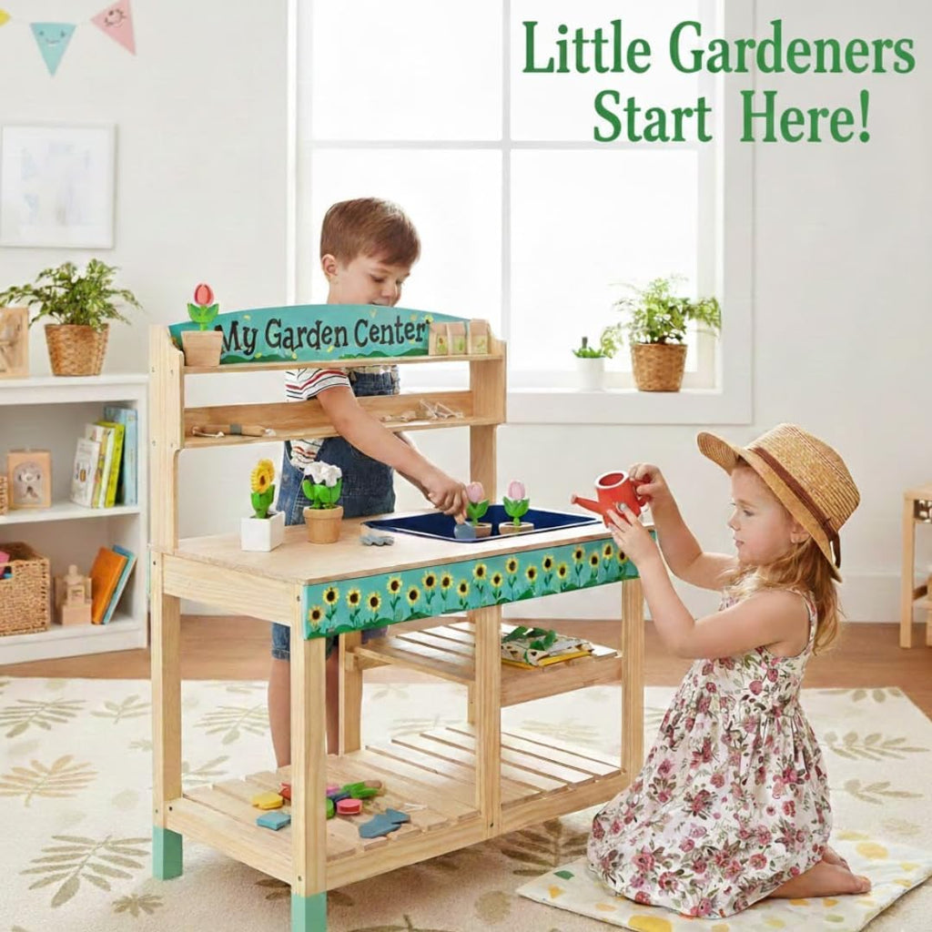 Bloom & Grow Gardening Center Wooden Toy Indoor Playset- 22 Pc Garden Stand Set w Flowers, Seed Packet, Pots Shovel Rake Apron Watering Pot- Interactive Fun Pretend Playtime Activity, Kids Summer Gift