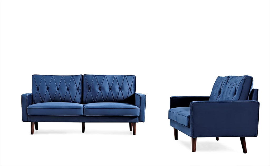 Container Furniture Modern Style Tufted Velvet Couches for Living Room with Soft Fabric Upholstery and Solid Wood Frame, 2 Piece Sofa and Loveseat Set, Dark Blue