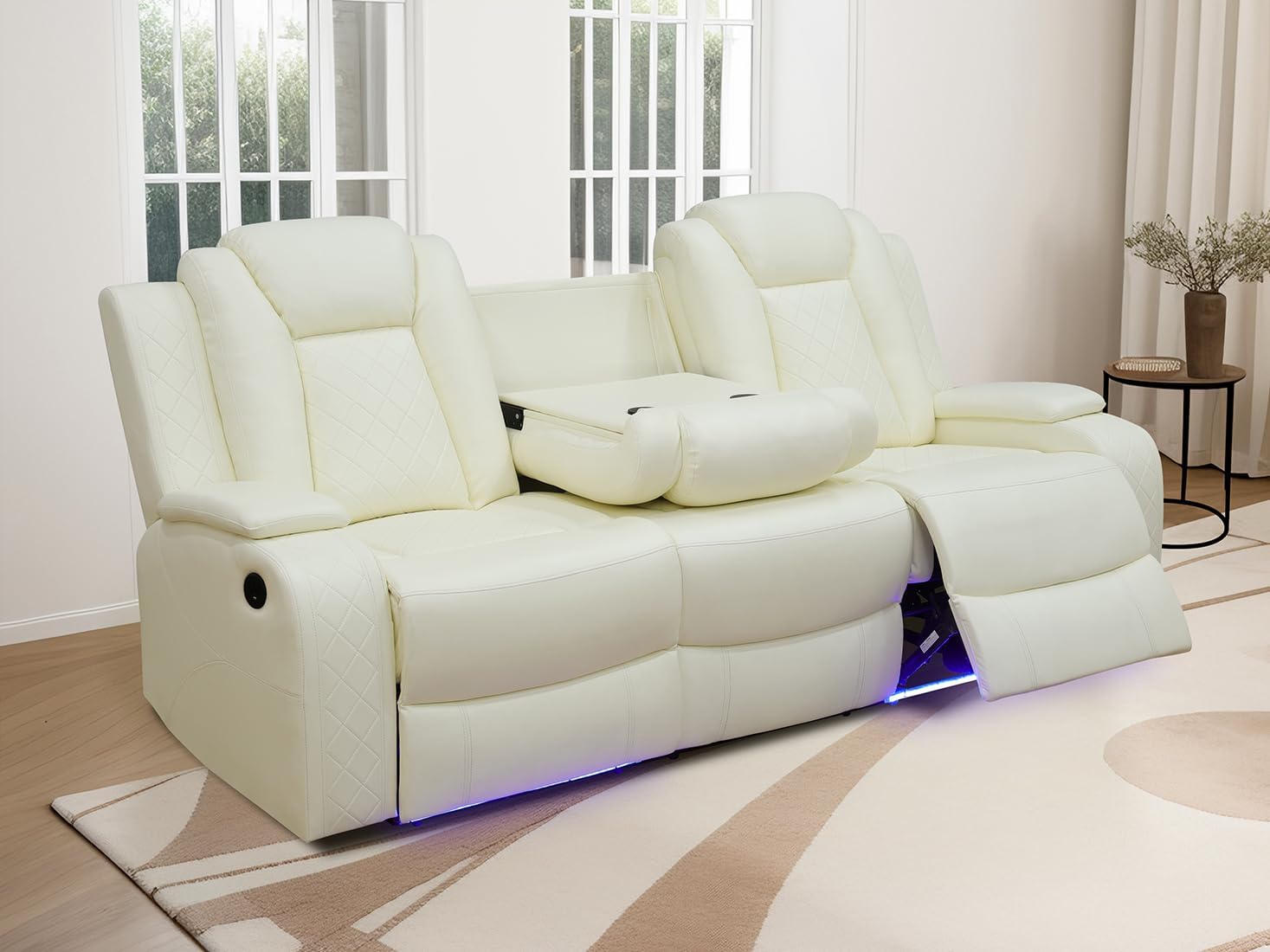 Living Room Furniture Sets, Power Recliner Sofa Set, Vanilla White Breathing Leather Power Reclining Sofa Couch ith 2 Recliner Seats/USB Ports/LED Light for Living Room, Office