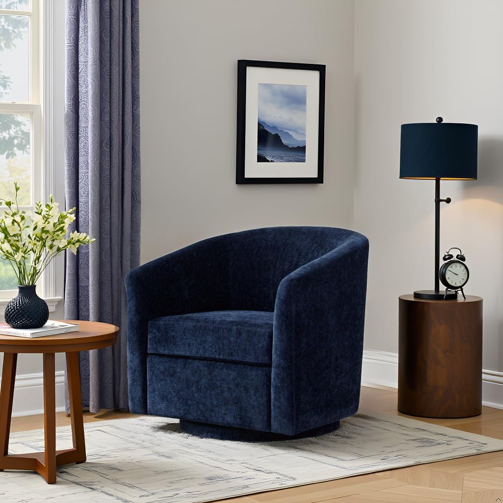 Zihanhome Chenille Swivel Accent Chair, Living Room Chairs, No Assembly Upholstered Armchair, 360°Rotating Barrel Chair for Bedroom, Apartment & Reading Nook (1, Dark Blue)