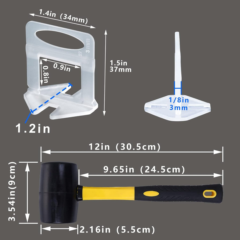 Tile Leveling System 1/8' Spacers Tile Leveler Clips 8500 Pcs and 16 oz Rubber Mallet Hammer .Tile Tools Set for Professional Ceramic and Stone Installation