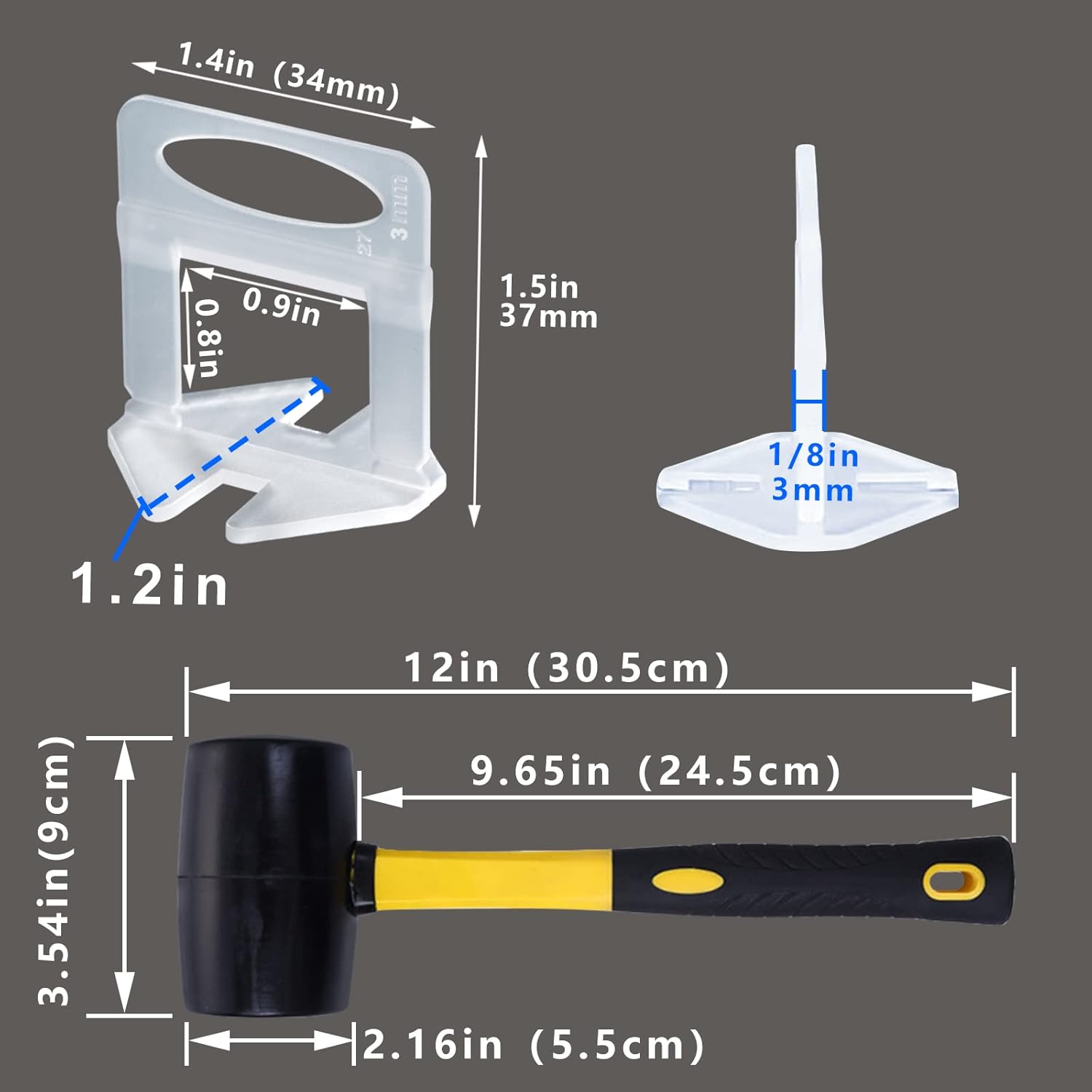 Tile Leveling System 1/8' Spacers Tile Leveler Clips 7500 Pcs and 16 oz Rubber Mallet Hammer .Tile Tools Set for Professional Ceramic and Stone Installation