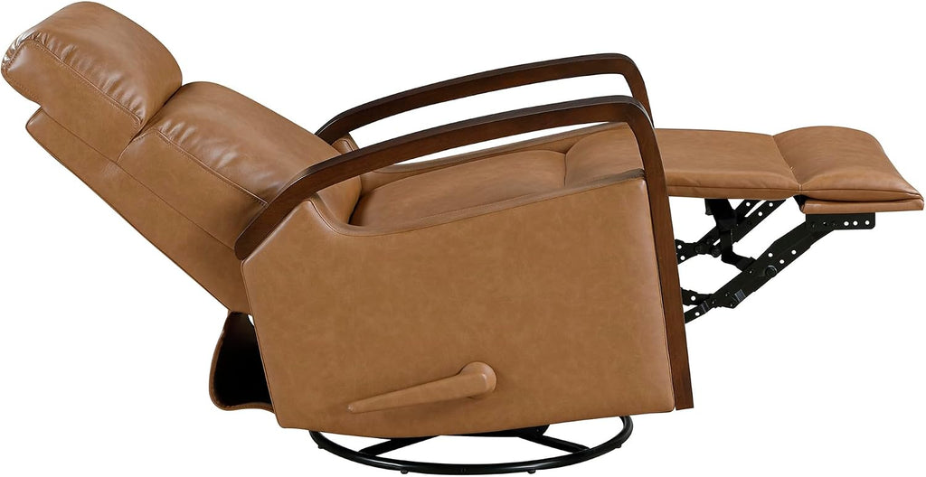 Lexicon 360 Degree Swivel Glider Reclining Chair, Breathable Faux Leather Manual Recliner, Comfy Nursery Glider Recliner, Wood Arms, Pull Handle for Living Room/Office/Bedroom/Apartment, Camel Brown