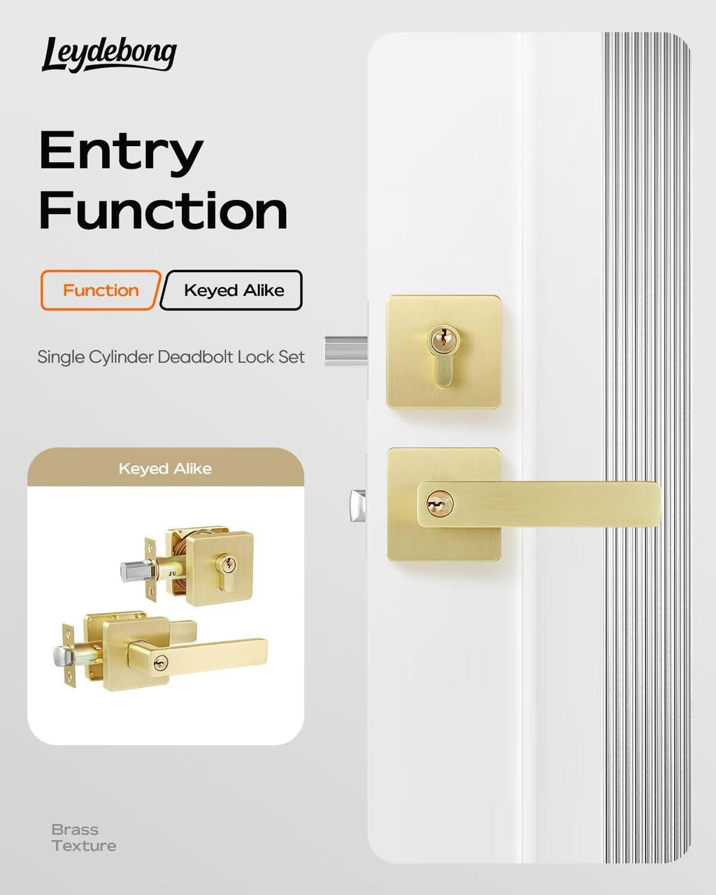 Leydebong 3 Pack Keyed Alike Entry Door Knob and Single Cylinder Deadbolt Combo Set, Modern Satin Brass Exterior Door Knobs with Lock and Keys for Entrance and Front Door