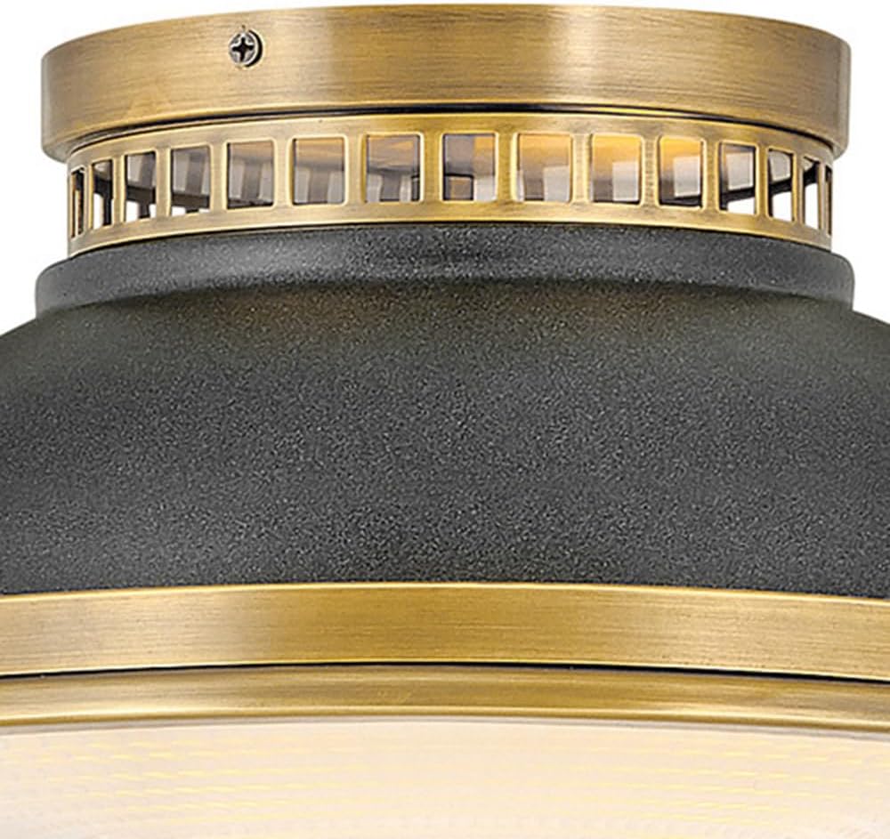 Hinkley Emery Small Two Light Flush Mount Ceiling Light – Dome Shaped Etched Holophane Glass – Heritage Brass with Aged Zinc Accents