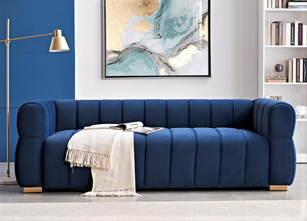 Container Furniture Direct Art Deco Velvet Sofa with Tufted Low Back Design, Sophisticated 3 Seater Couch for Living Rooms, 89 Inch Wide, Easy Assembly, Blue