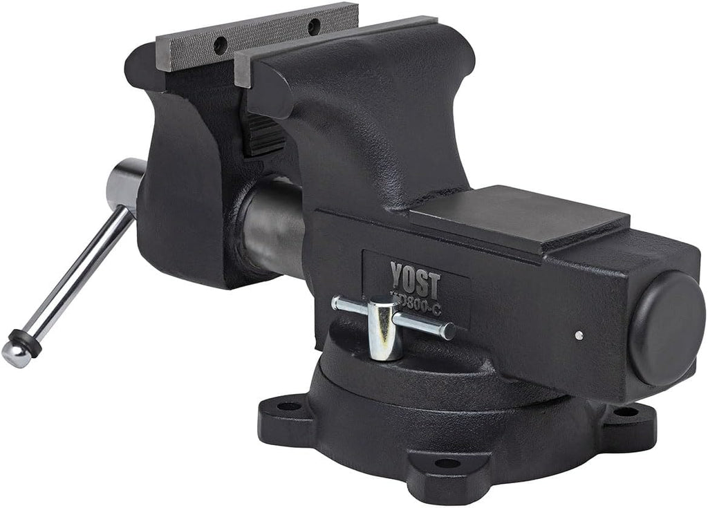 Yost HD800-C Heavy Duty 8-Inch Mechanics Work Bench Vise | Heavy Duty Woodworking & Metal Work Table with Secure Grip Swivel Base | 60,000 PSI Casting Iron Material with Extra-large Anvil Surface