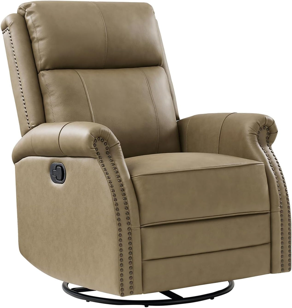 HULALA HOME Genuine Leather Swivel Rocker Recliner with Adjustable Backrest & Footrest, Manual Glider Recliner Chair with 360°Swivel Base, Home Theater Sofa Armchair for Living Room Bedroom, Taupe