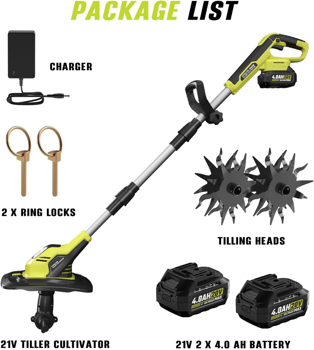 SEYVUM Cordless Tiller for Gardening, 20V 2 X 4.0Ah Battery Powered Cultivator, 9-in Tilling Width and 7-in Depth Electric Rototiller, 360 RPM Garden Tiller for Soil Cultivation