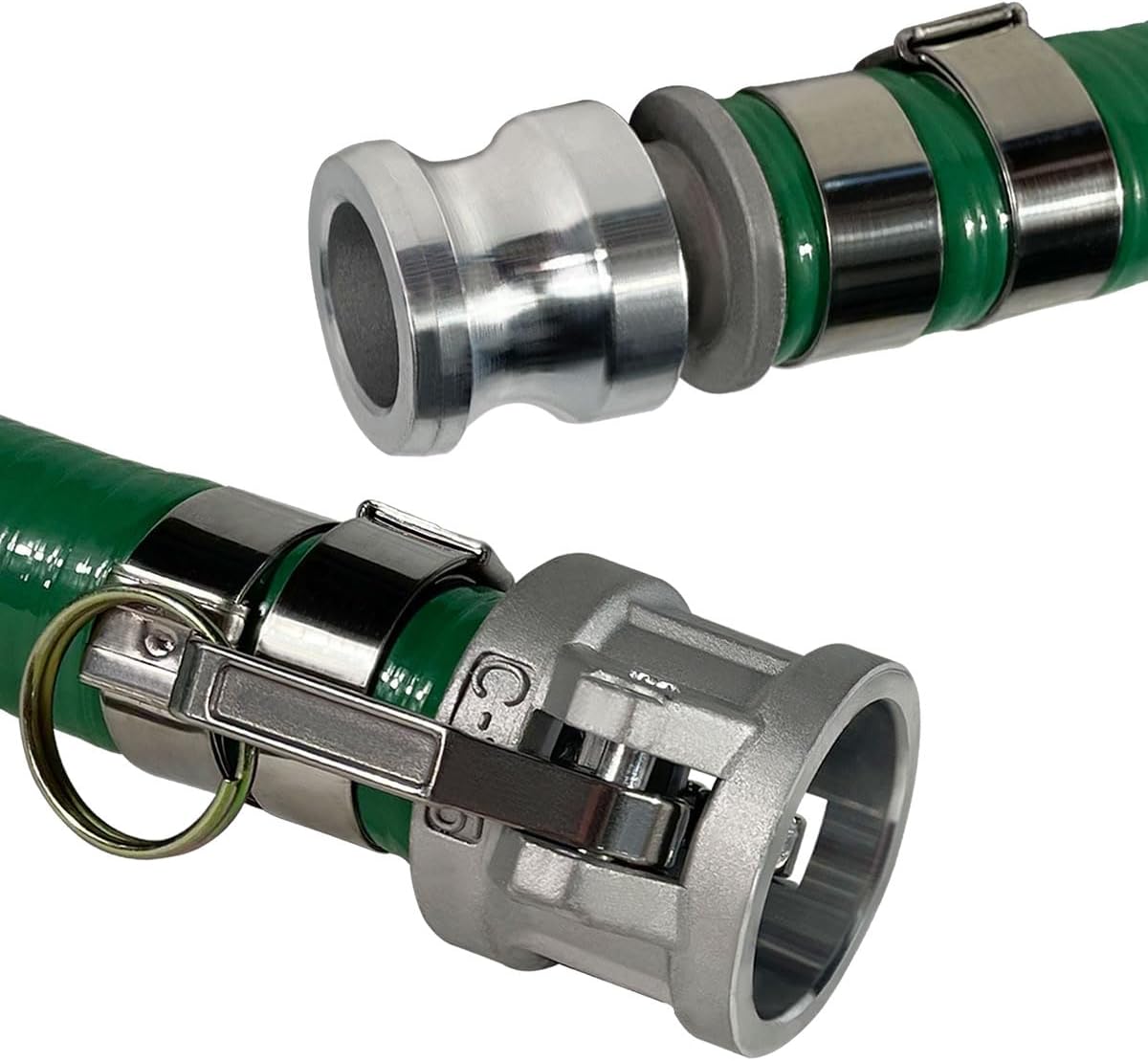Gloxco Heavy Duty Green PVC Suction Hose Assembly for Water Transfer, 1-1/4' Inside Diameter, Installed Male x Female Cam and Groove Fittings, 40 ft Length