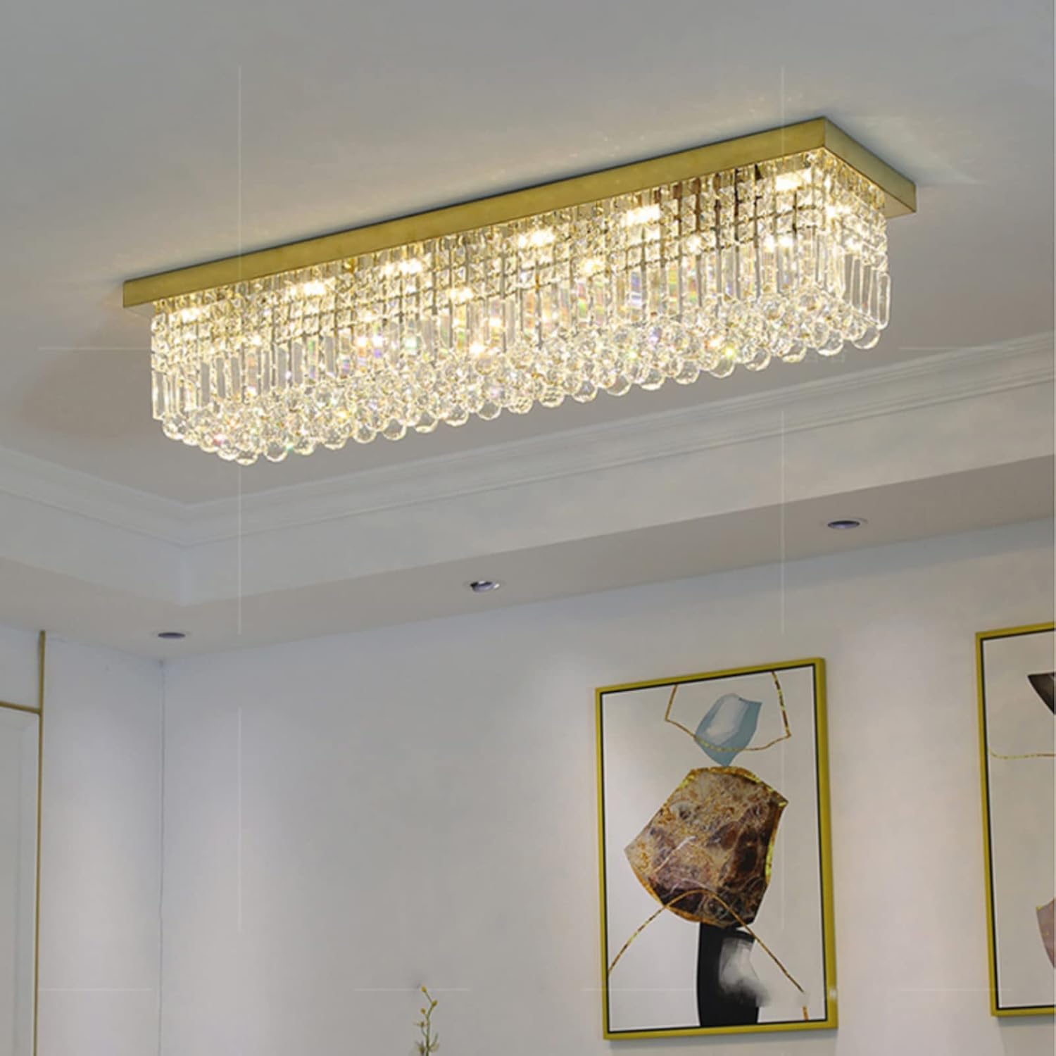 7PM Modern Rectangular Chandelier, 10-Light Dining Room & Living Room Flush Mount, Gold (L47' x W10' x H10')