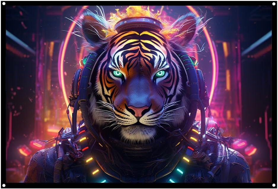 Cyberpunk Tiger Punk UV tapestry, Blacklight Reactive Wall Hanging, Neon Backdrop, Party Decor, Psychedelic Tapestry, Visionary Wall Art (Large)