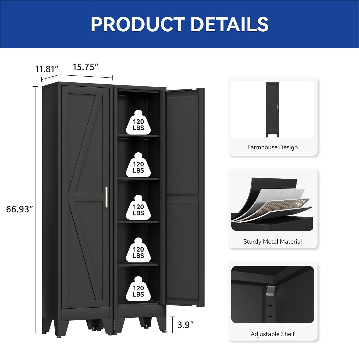 COFaR 67'' Tall Narrow Bathroom Storage Cabinet, Metal Farmhouse Skinny Pantry Cabinet with 4 Adjustable Shelves and One Door, Slim Cabinet Storage for Kitchen Garage, 5-Tier Black