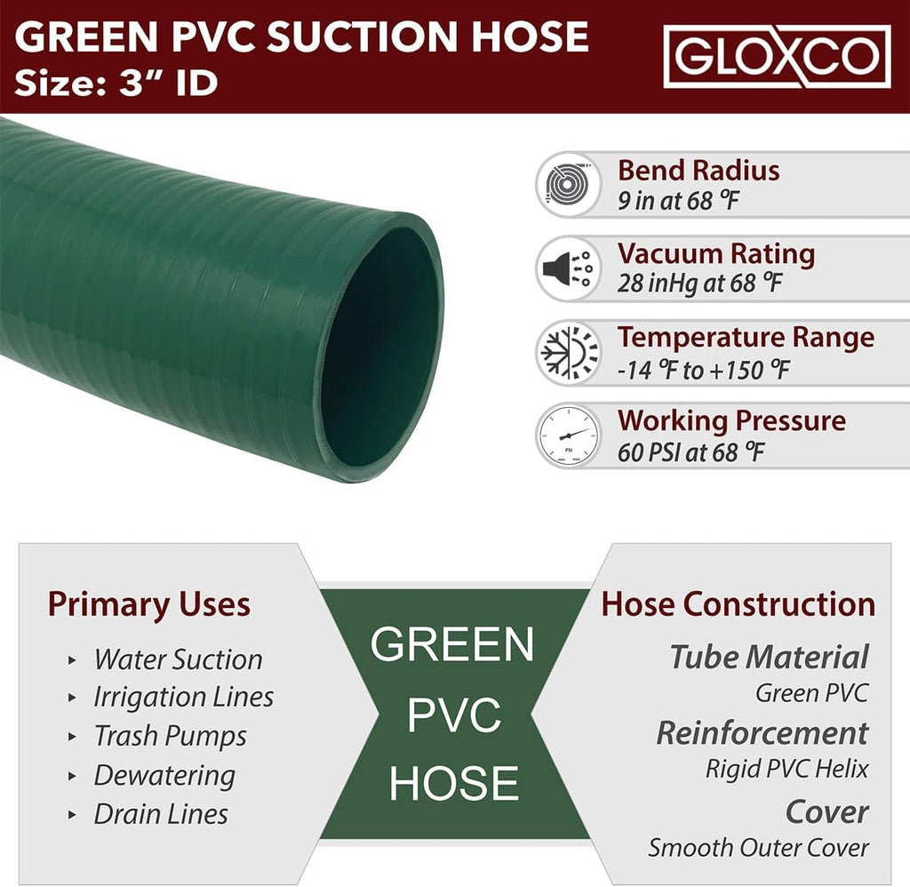 Gloxco Heavy Duty Green PVC Suction Hose Assembly for Water Transfer, 3' Inside Diameter, Installed Male x Female Cam and Groove Fittings, 20 ft Length
