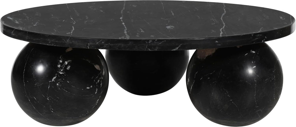 Meridian Furniture 264Black-CT Spherical Collection Art Deco Coffee Table with Genuine Marquino Black Marble, Three Round Ball Shaped Genuine Marble Bases, 39' W x 39' D x 13' H, Black