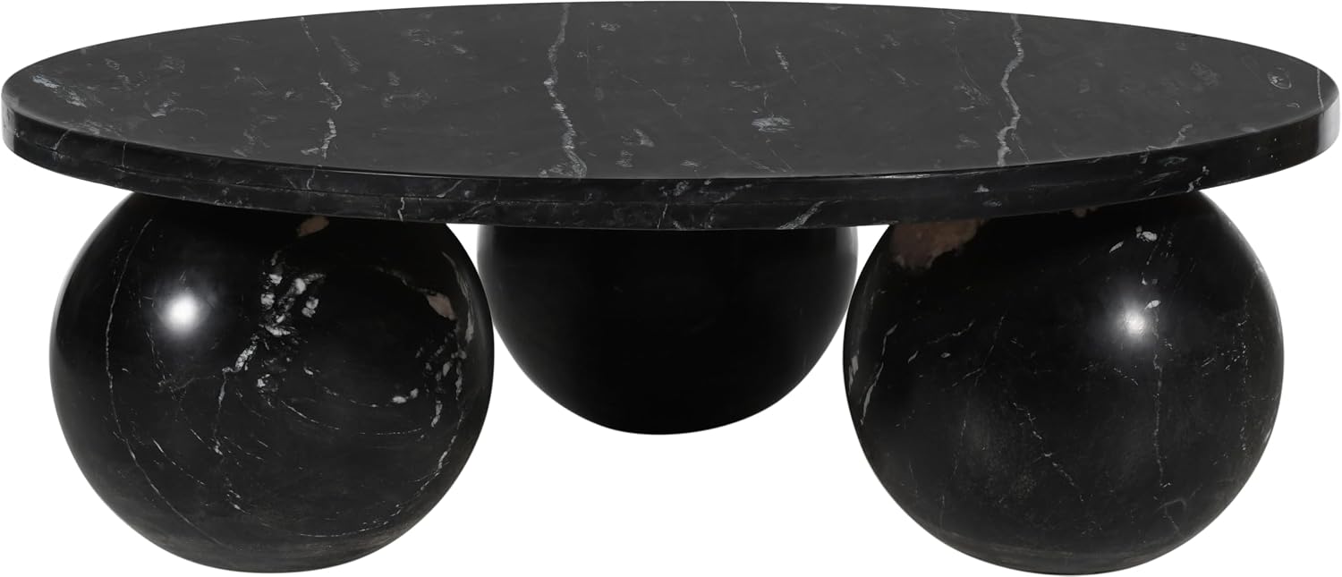 Meridian Furniture 264Black-CT Spherical Collection Art Deco Coffee Table with Genuine Marquino Black Marble, Three Round Ball Shaped Genuine Marble Bases, 39' W x 39' D x 13' H, Black