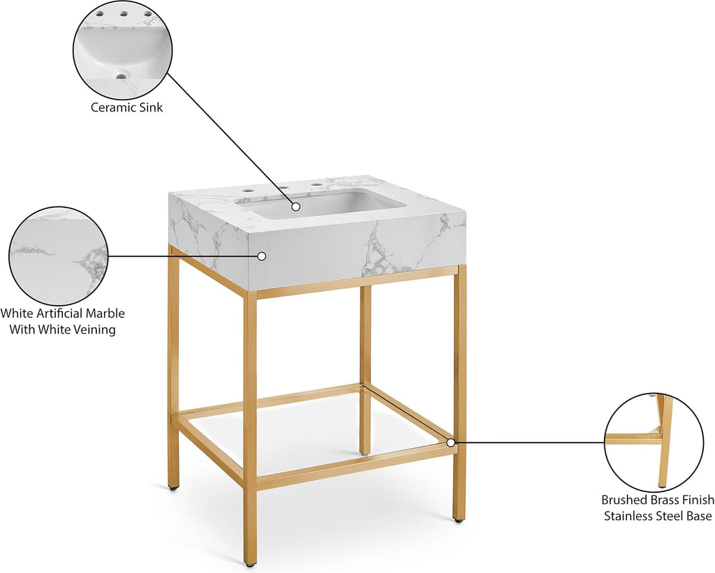 Meridian Furniture 406White-24 Marmo Collection Modern | Contemporary Bathroom Vanity with White Engineered Stone with Grey Veining, Brushed Brass Stainless Steel Base, 24' W x 21' D x 34' H, White