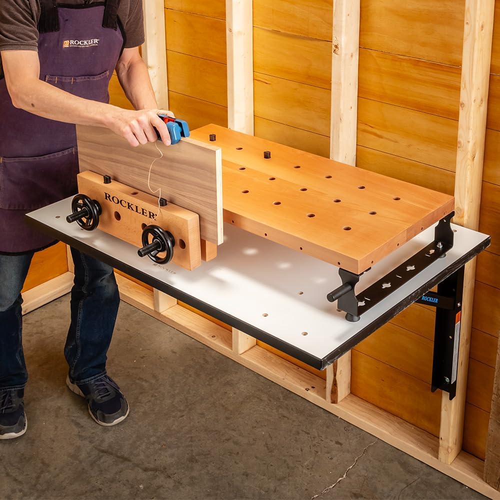 Rockler Handy Bench Portable Woodworking Workbench with Moxon Vise - 16x32 Solid Beech Benchtop, 4x4 Dog Hole Grid - Adjustable Steel Base Brackets, Compact Work Table for Garage or Shop