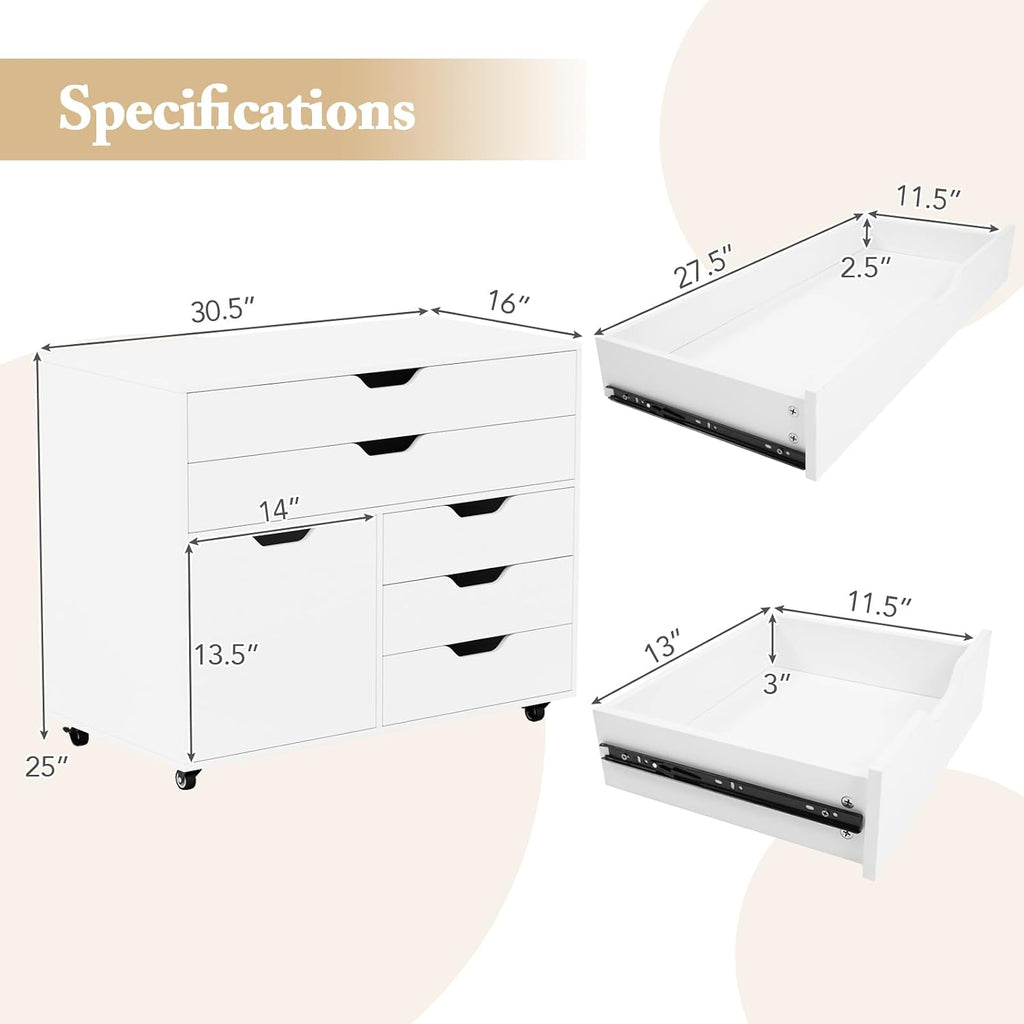 MAT EXPERT 5-Drawer Mobile File Cabinet w/Door, Lateral Filing Cabinet w/5 Universal Wheels, Rolling File Cabinets with Storage, Modern Wood Printer Stand for Home Office, Living Room, Study (White)