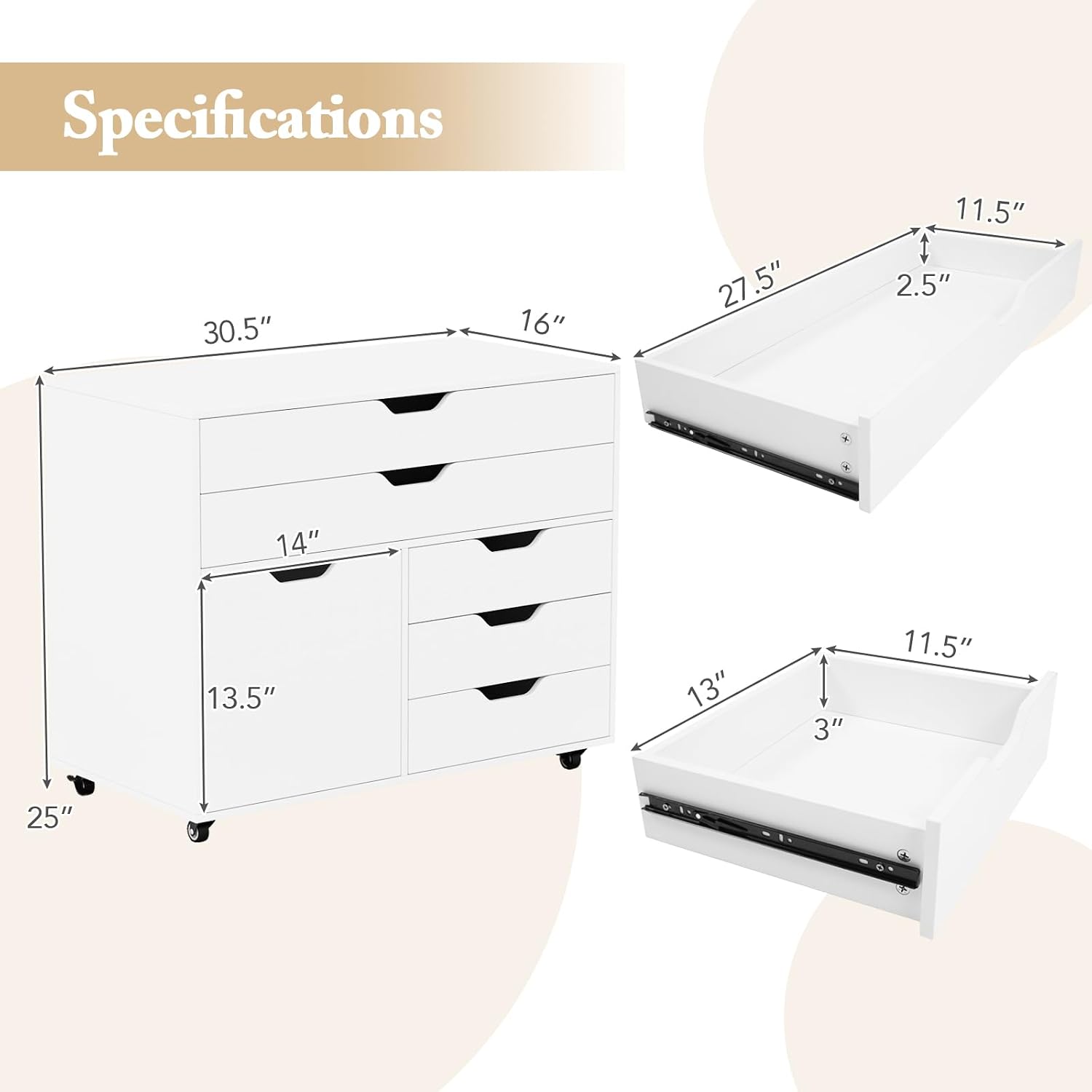 MAT EXPERT 5-Drawer Mobile File Cabinet w/Door, Lateral Filing Cabinet w/5 Universal Wheels, Rolling File Cabinets with Storage, Modern Wood Printer Stand for Home Office, Living Room, Study (White)