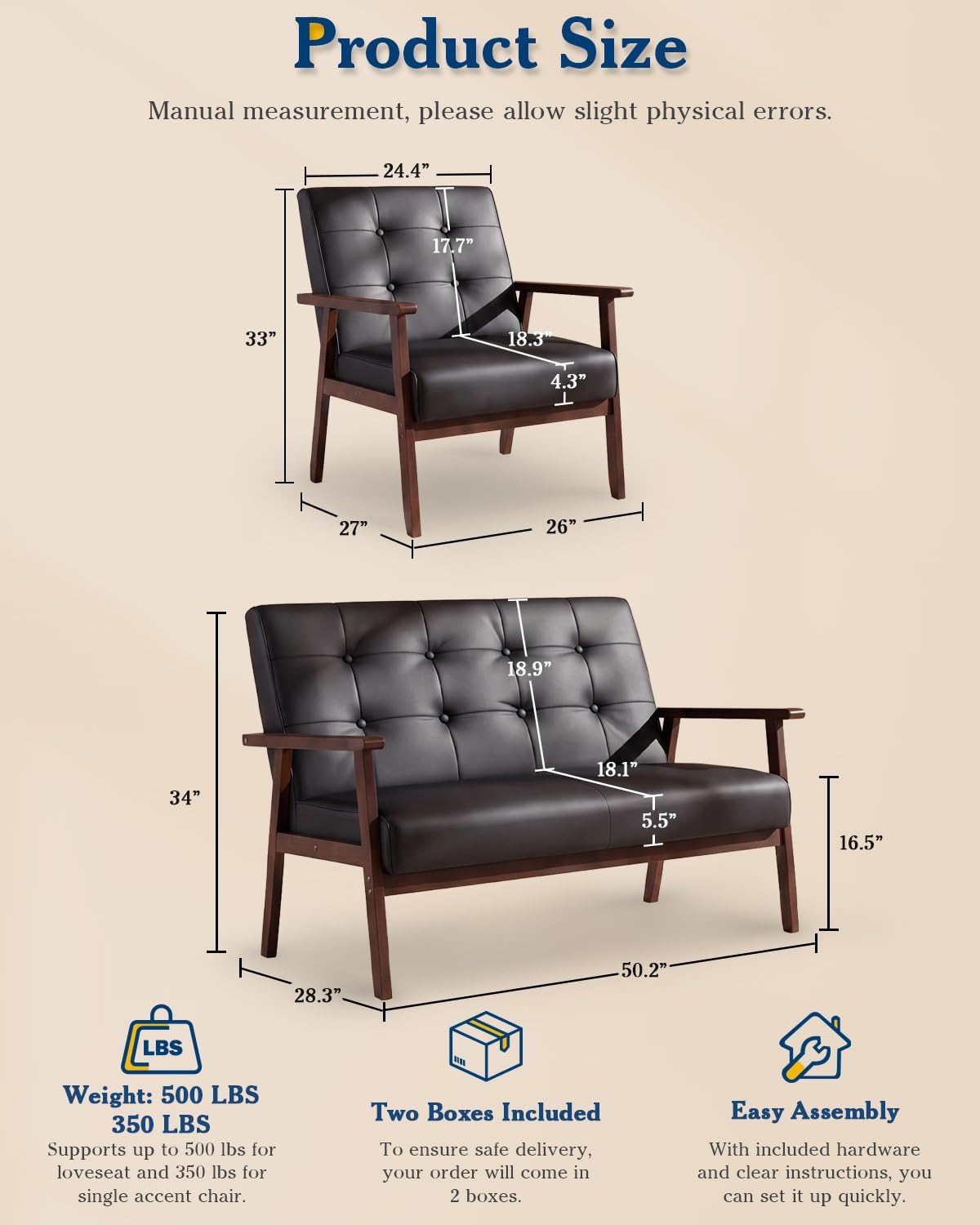 AODAILIHB 2 Piece Living Room Furniture Set, Black Faux Leather Loveseat and Accent Chair, Mid Century Modern Sofa and Chair Set with Solid Wood Arms for Office, Reception & Apartment