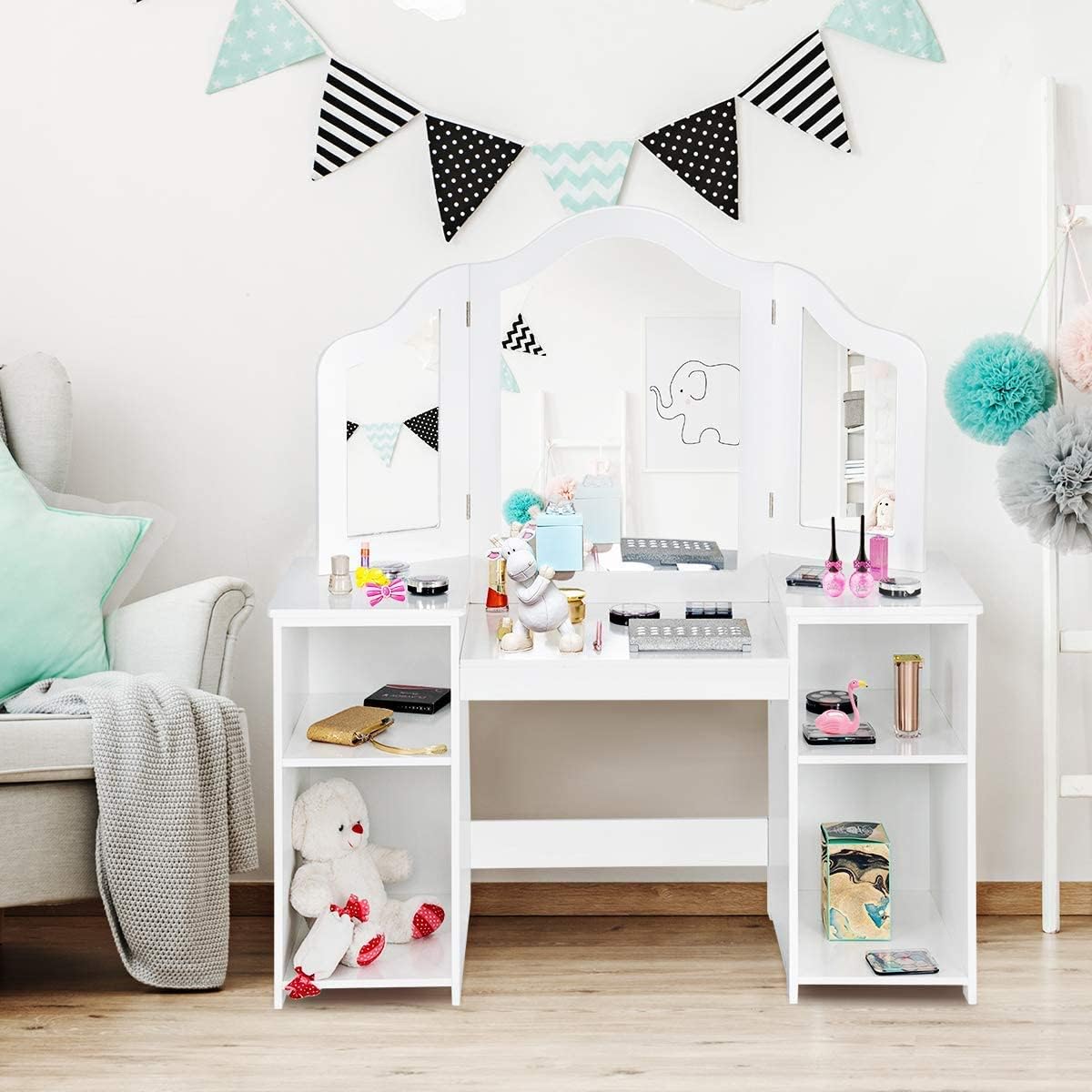 AKUSTIK Kids Vanity, 2 in 1 White Wooden Dressing Table for Toddlers with Tri-Folding Detachable Mirror, Storage Shelves, Pretend Princess Beauty Make Up Play Set for Little Girls