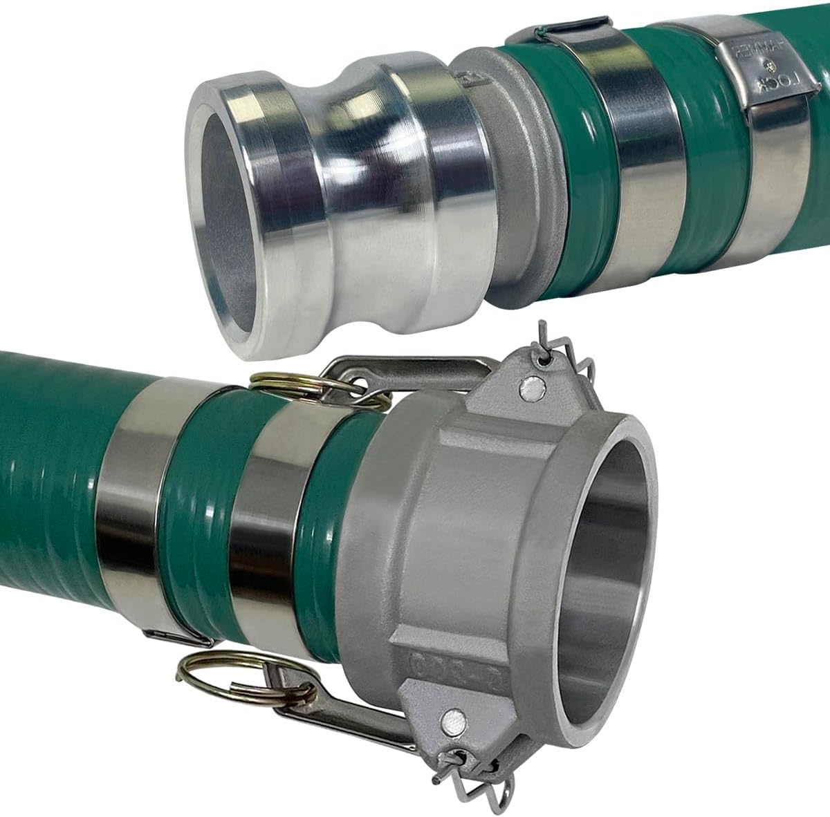 Gloxco Heavy Duty Green PVC Suction Hose Assembly for Water Transfer, 2' Inside Diameter, Installed Male x Female Cam and Groove Fittings, 33 ft Length