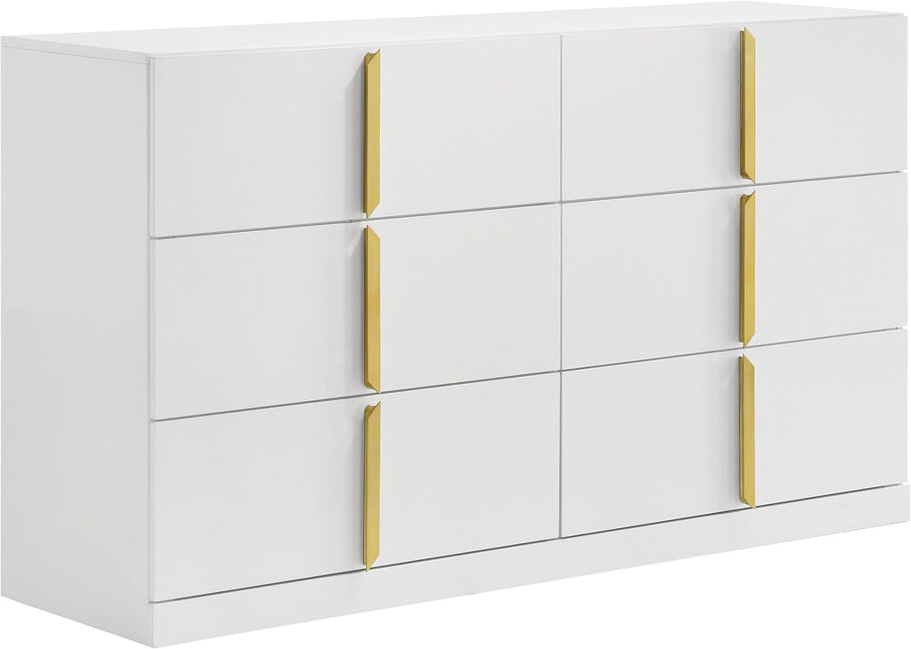 Coaster Home Furnishings - INES - Wood - 6-Drawer Dresser with Scratch-Resistant, Gold Pulls and Contemporary Style - Bedroom - White High Gloss - 223093