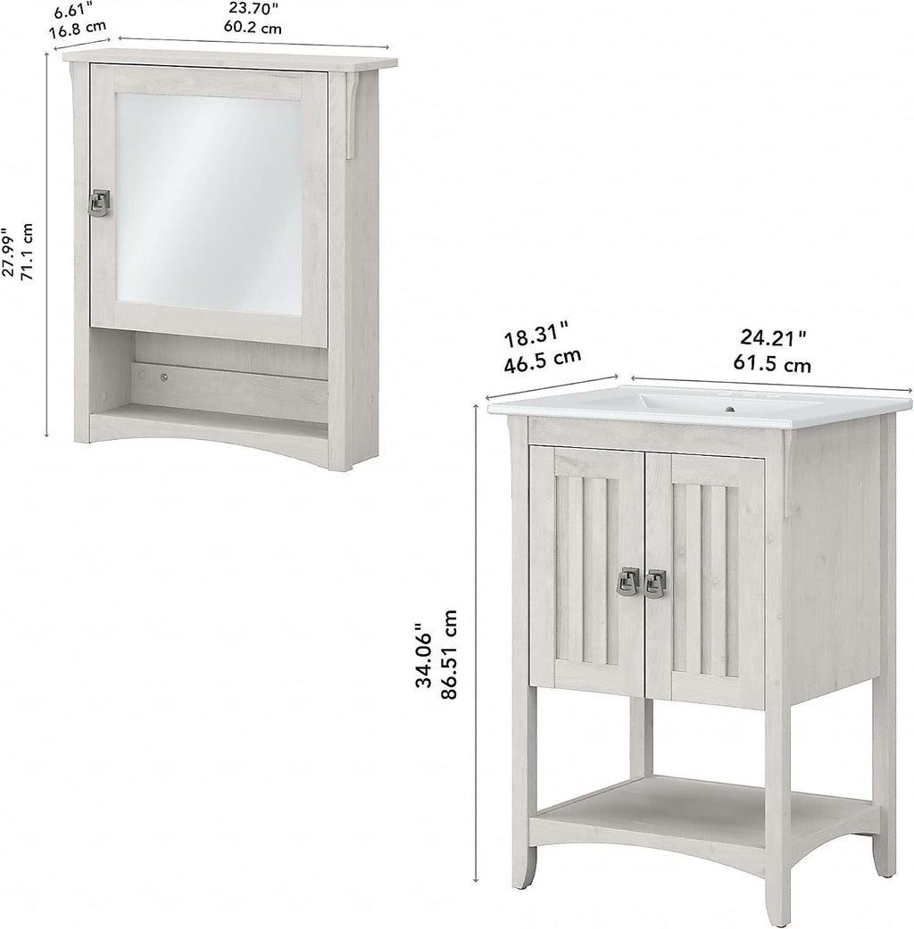 Bush Home Salinas 24W Bathroom Vanity Sink and Medicine Cabinet with Mirror in Linen White Oak