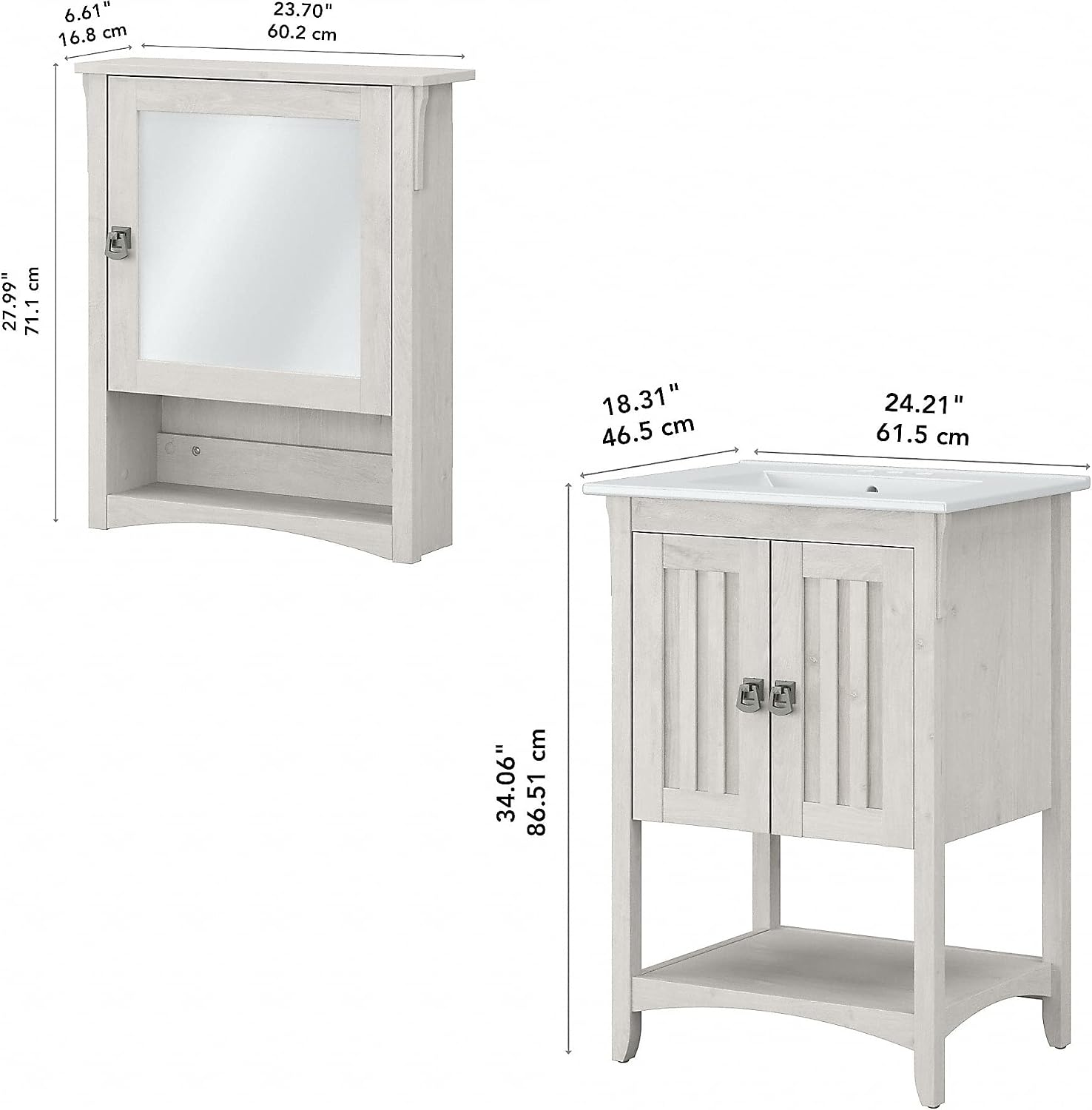 Bush Home Salinas 24W Bathroom Vanity Sink and Medicine Cabinet with Mirror in Linen White Oak
