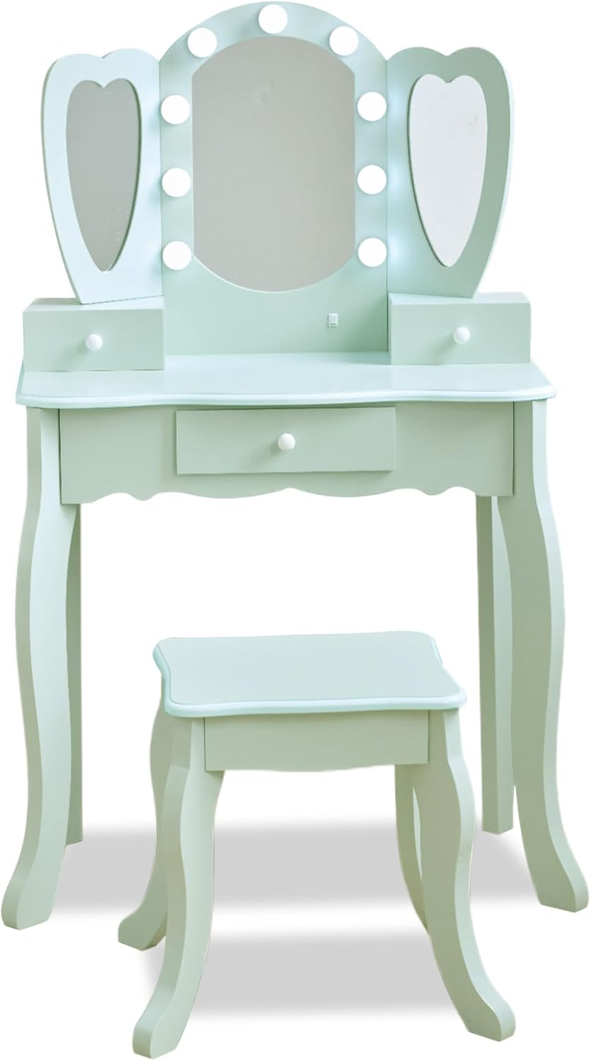 Teamson Kids Heart Glow Makeup Kids Vanity Set with Heart Shape LED Light-Up Mirror, Matching Stool and Storage Drawers, Pretend Makeup Play Table for Toddlers and Girls 3+ Years Old, Sage Green