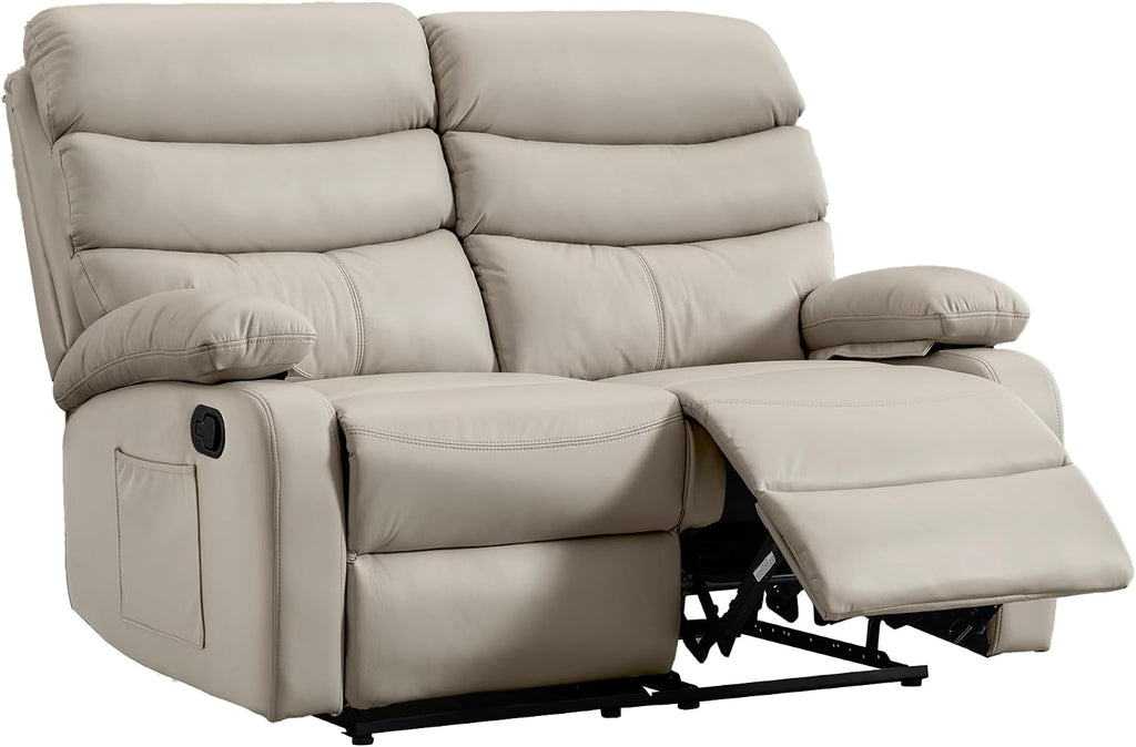 Reclining Loveseat Sofa, Anti-Scratch Leather Manual Loveseat Recliner with Side Pocket, Wall Hugger Loveseat Recliner for Living Room, RV, Home Theater(Beige)