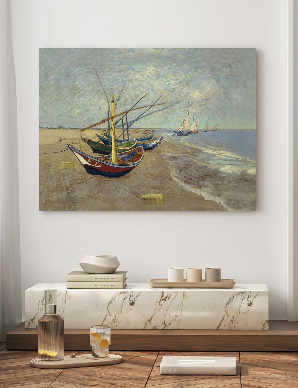 DECORARTS - Vincent Van Gogh Fishing Boats on the Beach Large Giclee Canvas Art Print, Gallery Wrapped Wall Art for Living Room Decor 40x30, Made in USA