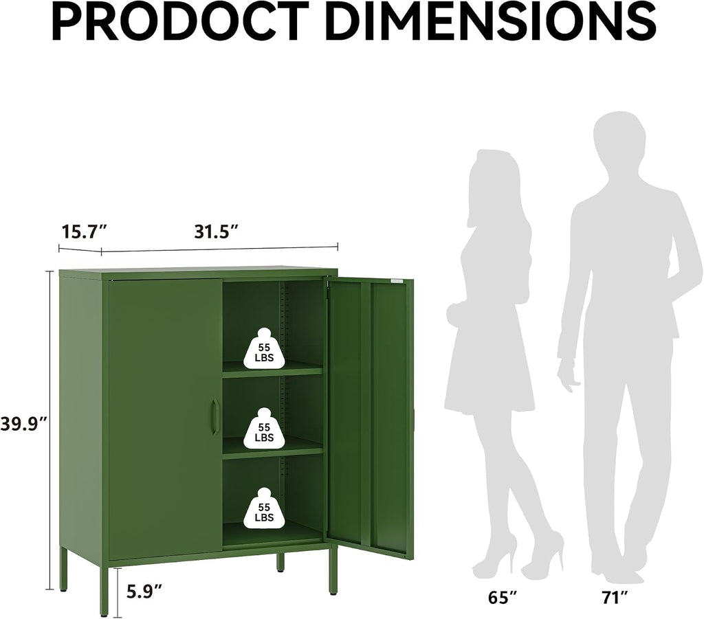 COFaR Forest Green Metal Cabinet, 40' Kitchen Pantry & Coffee Bar Cabinet, 3-Tier Adjustable Shelf Organizer with Magnetic Doors, Rustic Modern Sideboard for Dining Room, Home Office