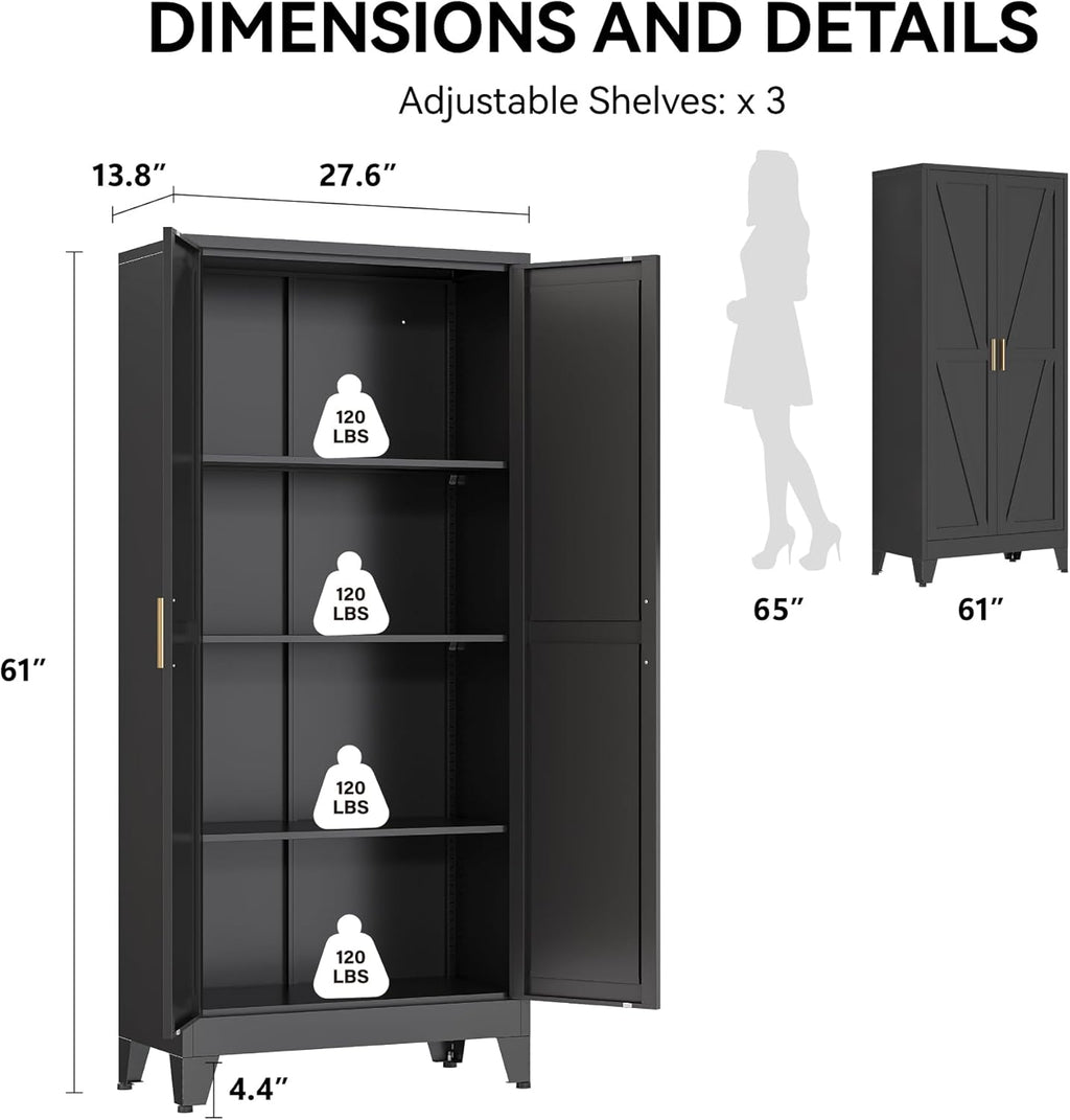 COFaR 61' Metal Pantry Cabinet in Black, Modern Storage Cabinet with Adjustable Shelves, Sturdy Metal Cupboard for Kitchen, Office, Living Room & Bathroom Organization