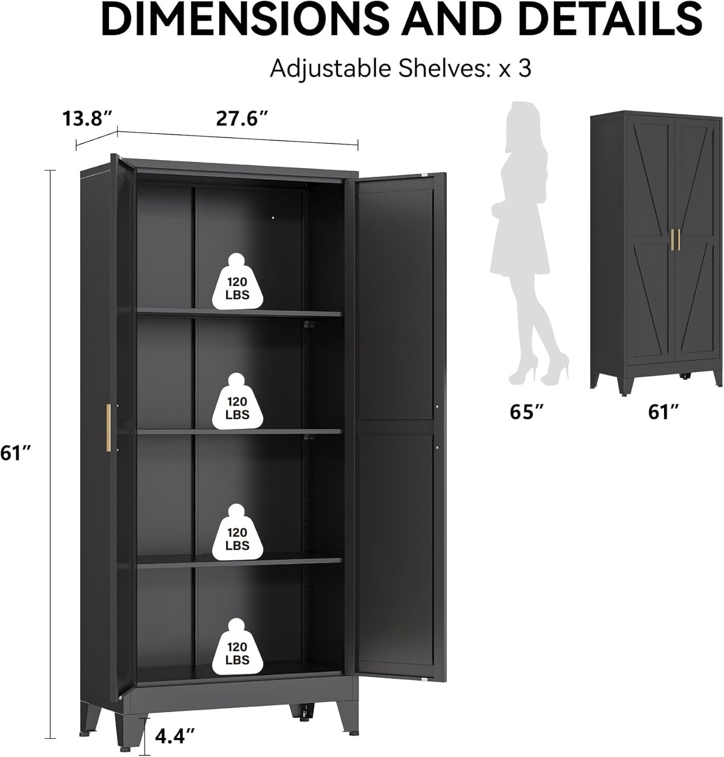 COFaR 61' Metal Pantry Cabinet in Black, Modern Storage Cabinet with Adjustable Shelves, Sturdy Metal Cupboard for Kitchen, Office, Living Room & Bathroom Organization