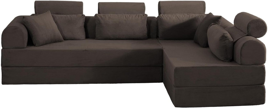 KEIKI 6-in-1 Folding Convertible High Back Sofa Sleeper, 106' Oversized Modular Sectional Corduroy Upholstered L Shape Couches for Living Room, Ergonomic Support for Loft Living Space, Brown