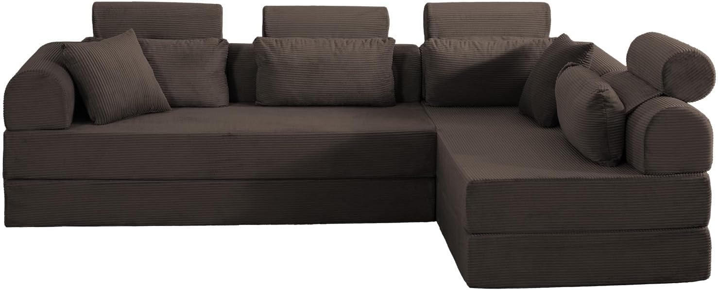 KEIKI 6-in-1 Folding Convertible High Back Sofa Sleeper, 106' Oversized Modular Sectional Corduroy Upholstered L Shape Couches for Living Room, Ergonomic Support for Loft Living Space, Brown