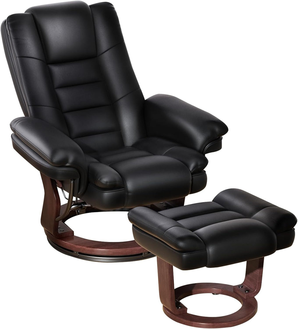 Vogue Furniture Direct Swivel Recliner Chair with Ottoman, Adjustable PU Leather Recliner with Wood Base, Thick Padded Cushion, Modern Reclining Chair & Ottoman Set for Living Room, Bedroom (Black)
